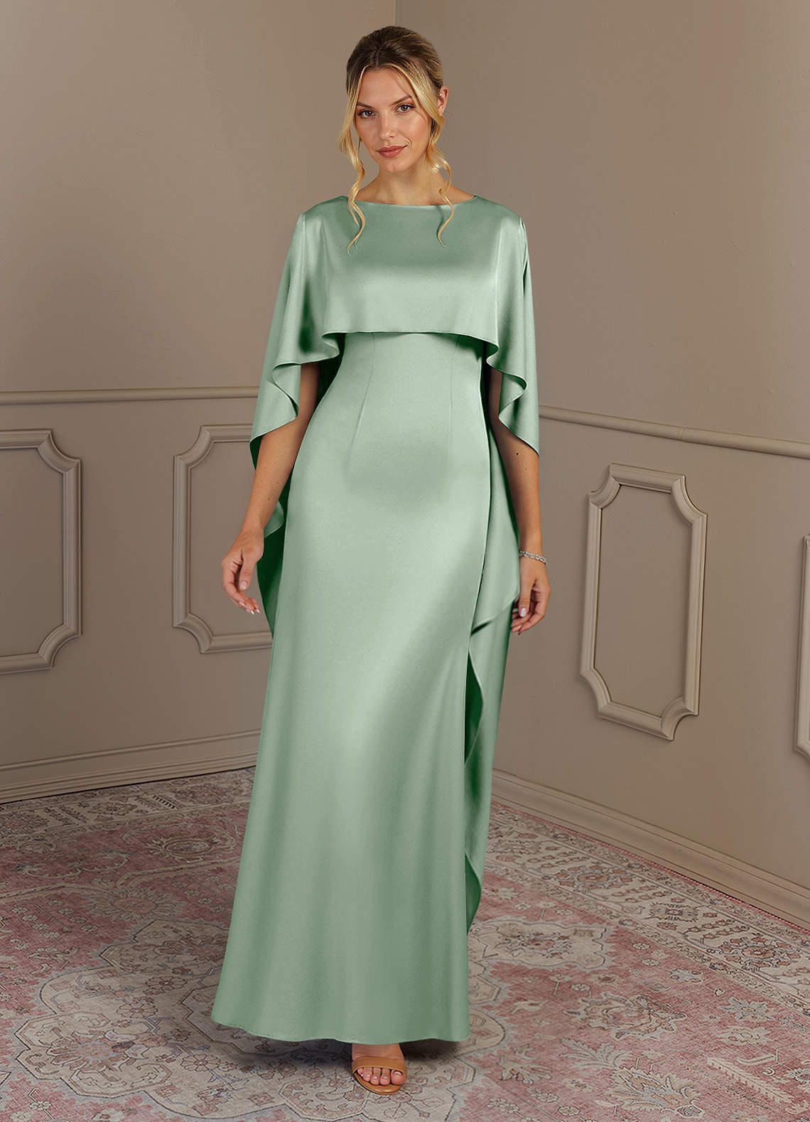 Azazie Eli Mother of the Bride Dresses Agave Sheath Boatneck Stretch Satin Dress image3