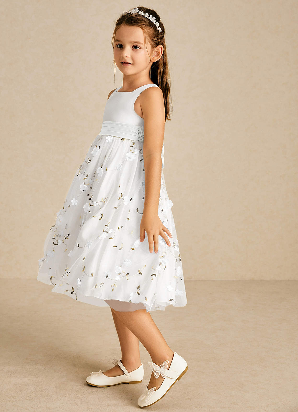 Azazie Pollie Flower Girl Dresses Diamond White A-Line Bow Tulle Dress image3