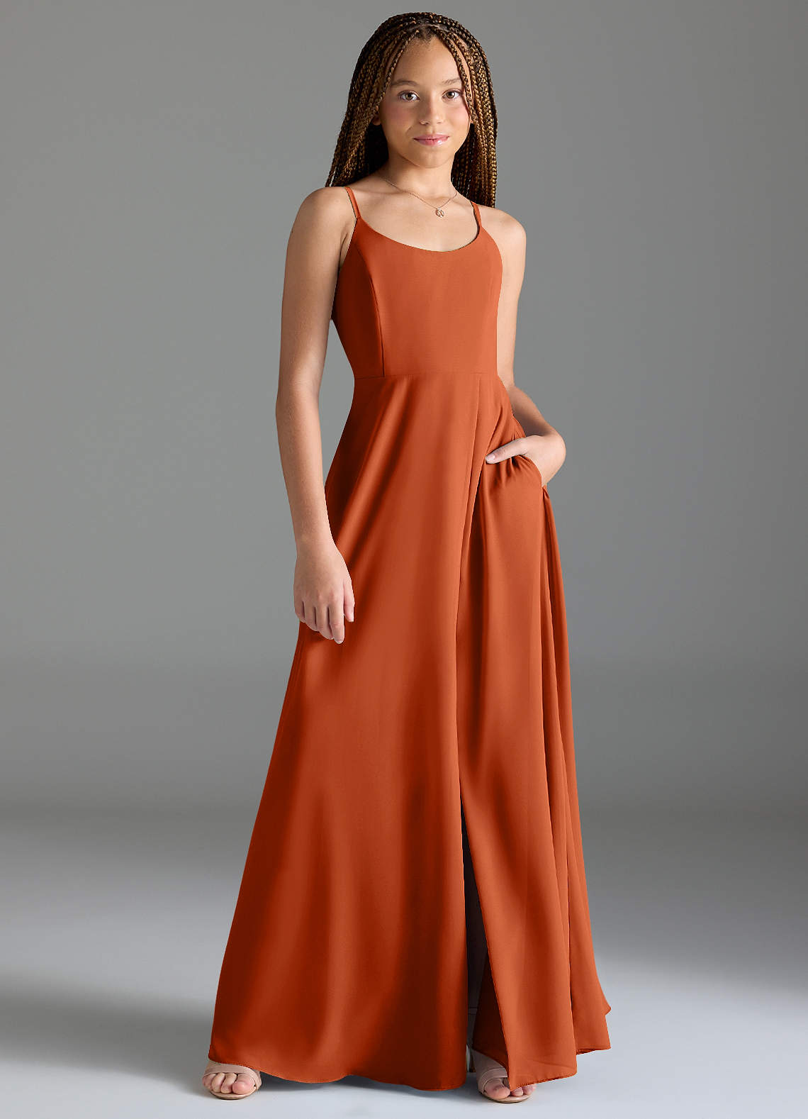 Azazie Moira Junior Burnt Orange A-Line with Pockets Chiffon Dress image1