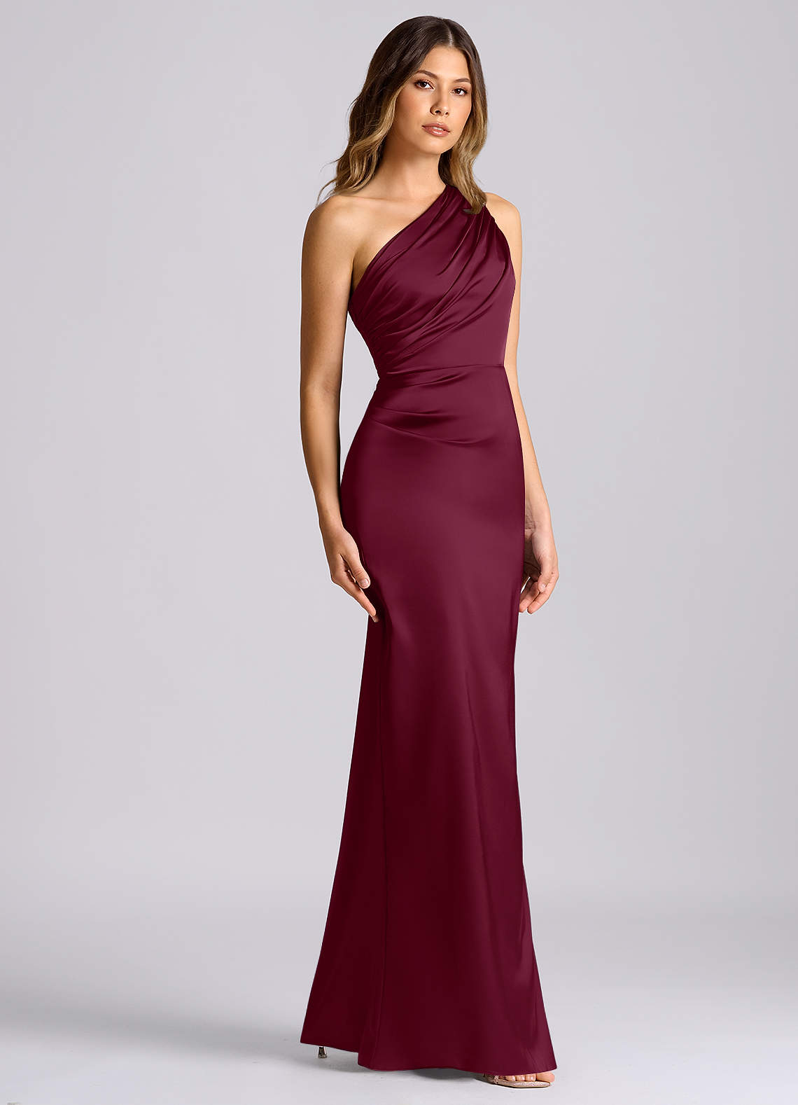 Azazie Akilah Bridesmaid Dresses Mulberry Mermaid One Shoulder Stretch Satin Dress image2