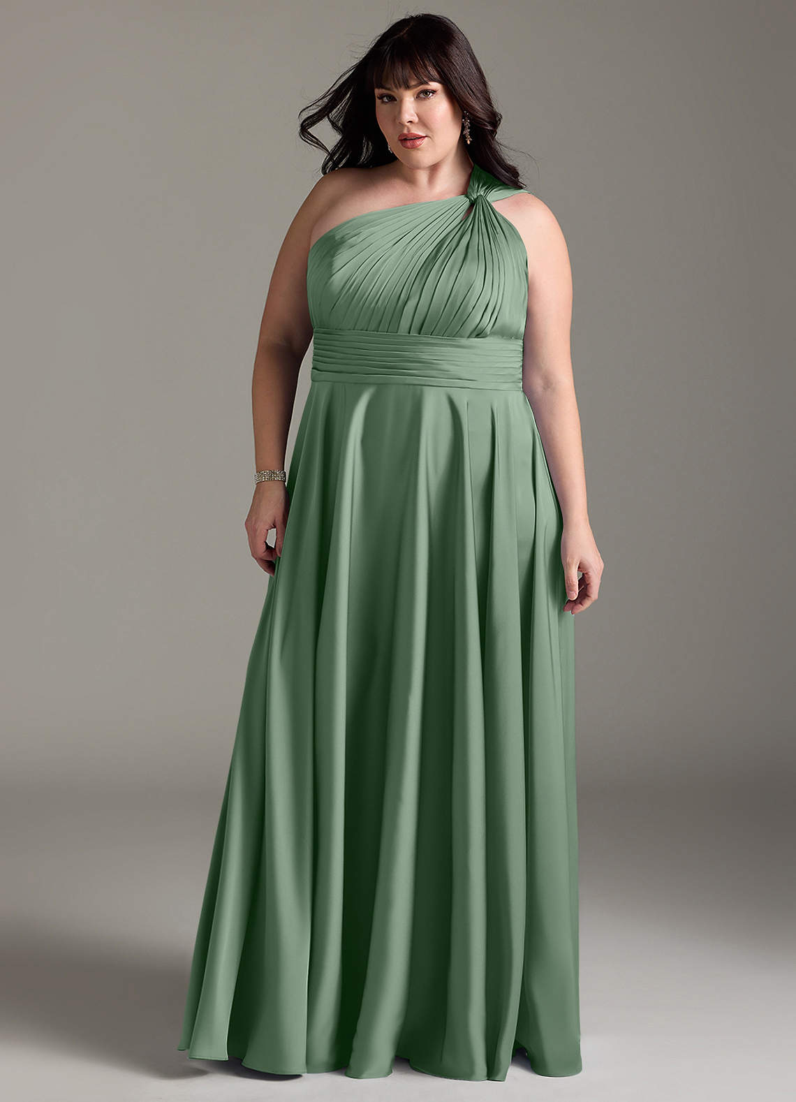 Azazie Charlize Vestidos de damas de honor Vestido de Matcha de Satén Elástico de Corte en A con Hombro unilateral image12