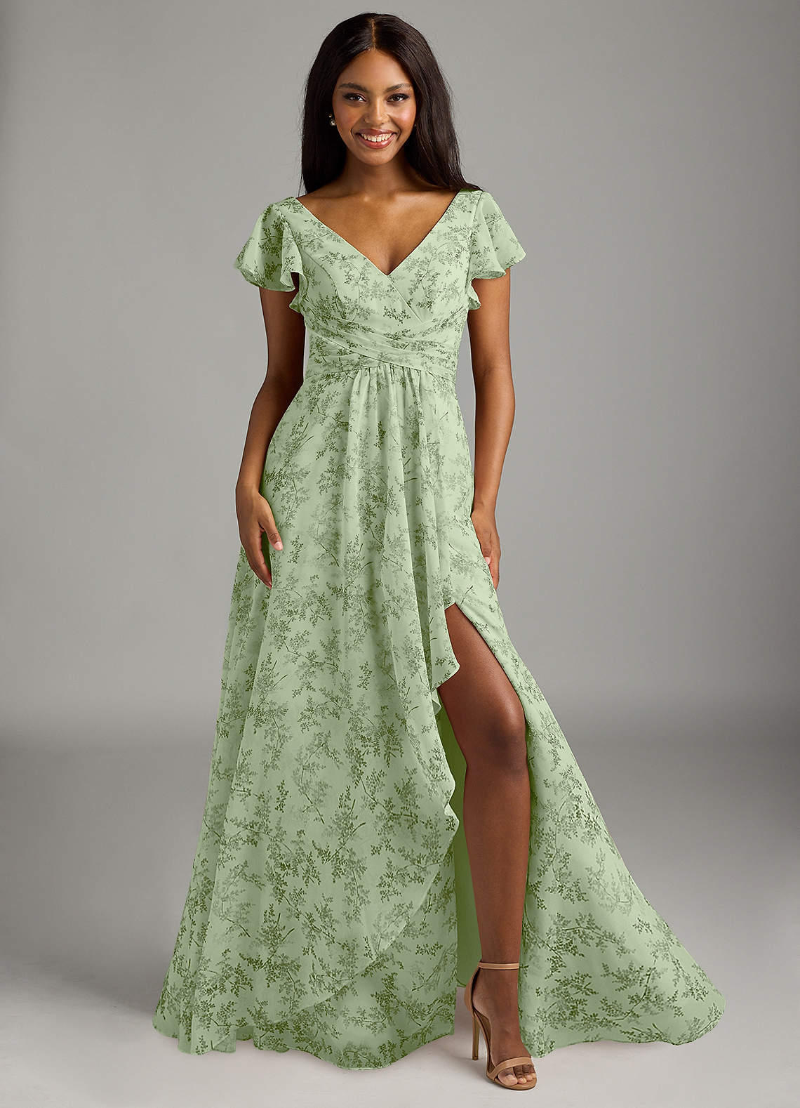 Azazie Omari Bridesmaid Dresses Green Fern Floral A-Line Chiffon Dress image1