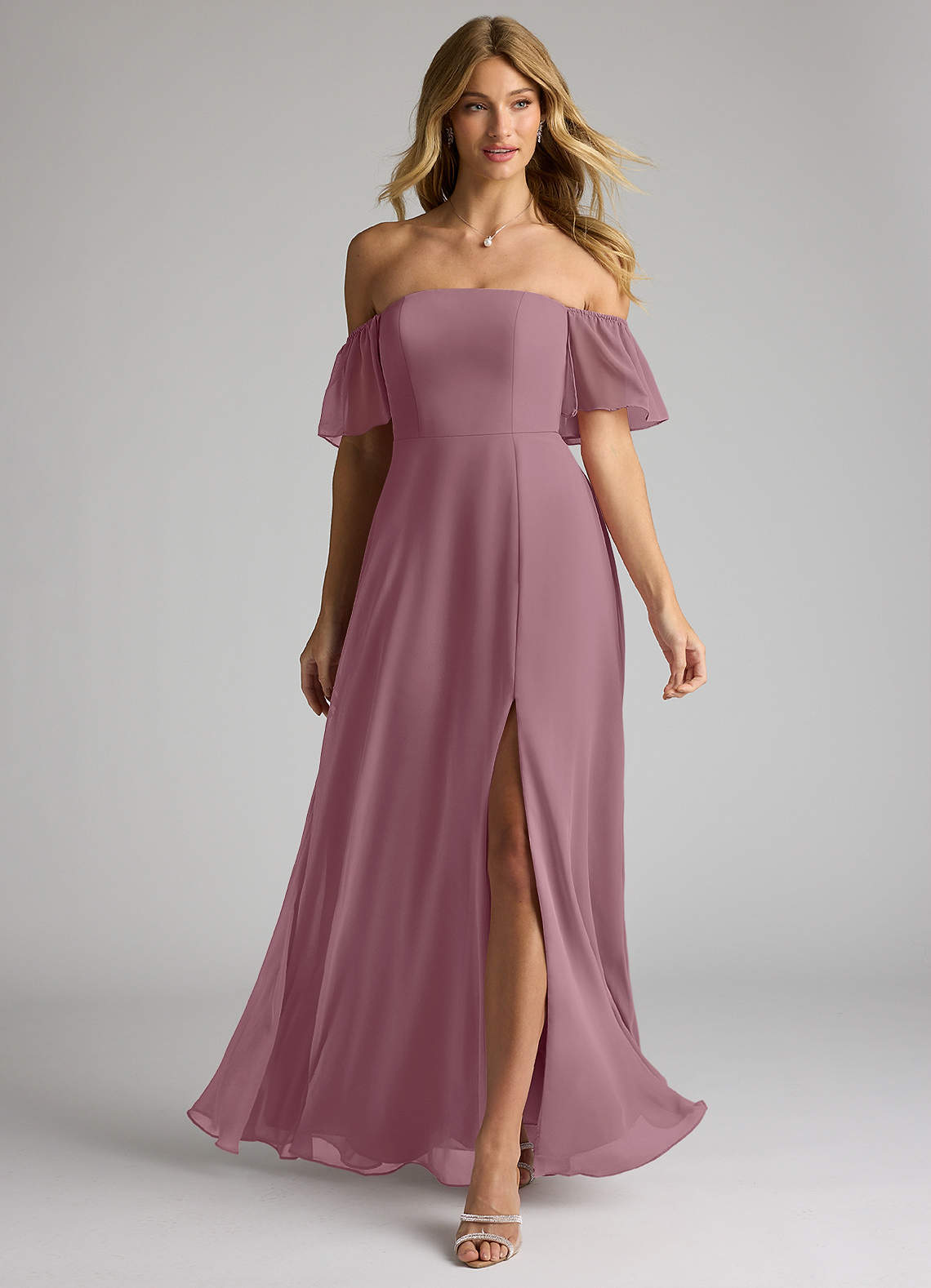 Azazie Sue Brautjungfernkleider Wandelbar A-Linie Schulterfrei Chiffon Kleid Vintage Mauve image1