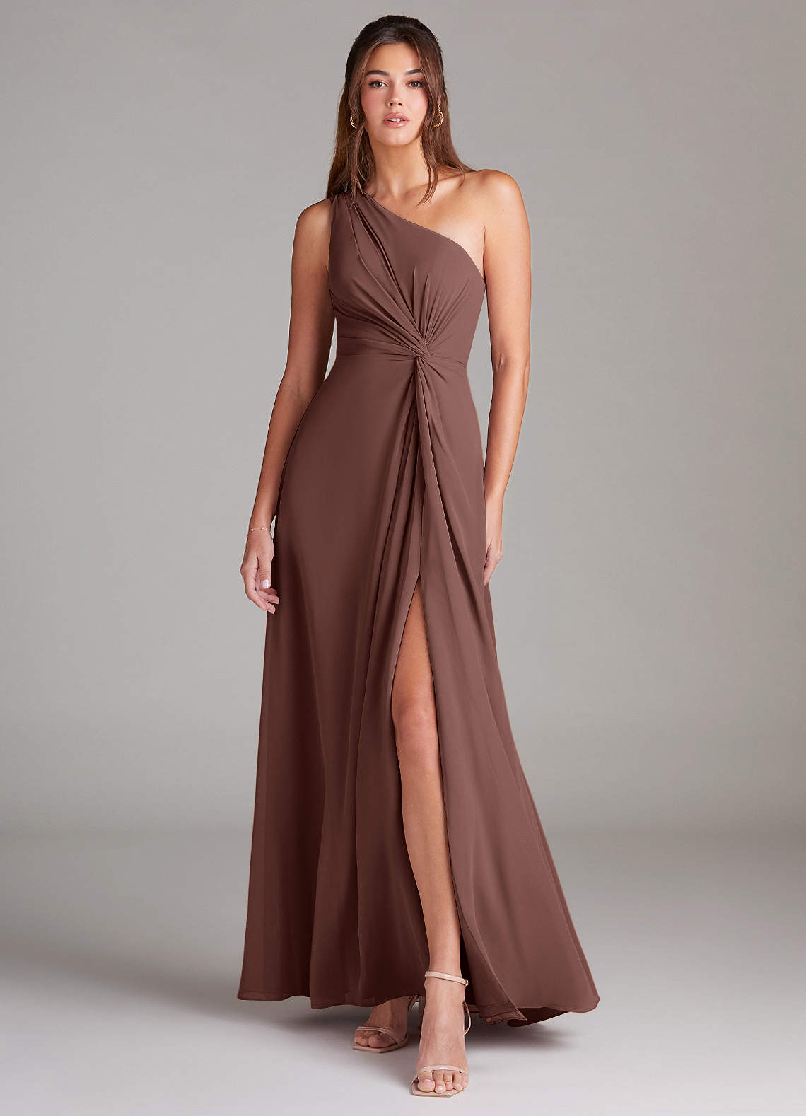 chestnut brown bridesmaid dress BABARONI V Neck Long Chiffon Dress with Bow Chocolate, Chocolate / US0 main image 1