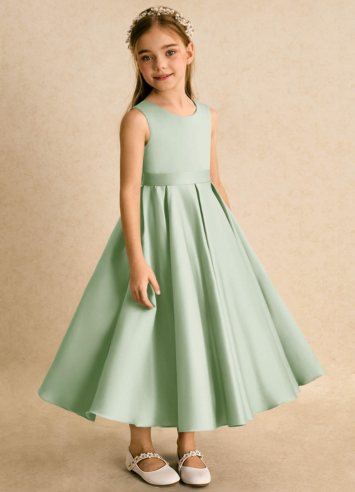 Azazie Junebuj vestidos de niña de las flores Vestido de Salvia Polvorienta de Satin Mate de Princesa con Plisado image4