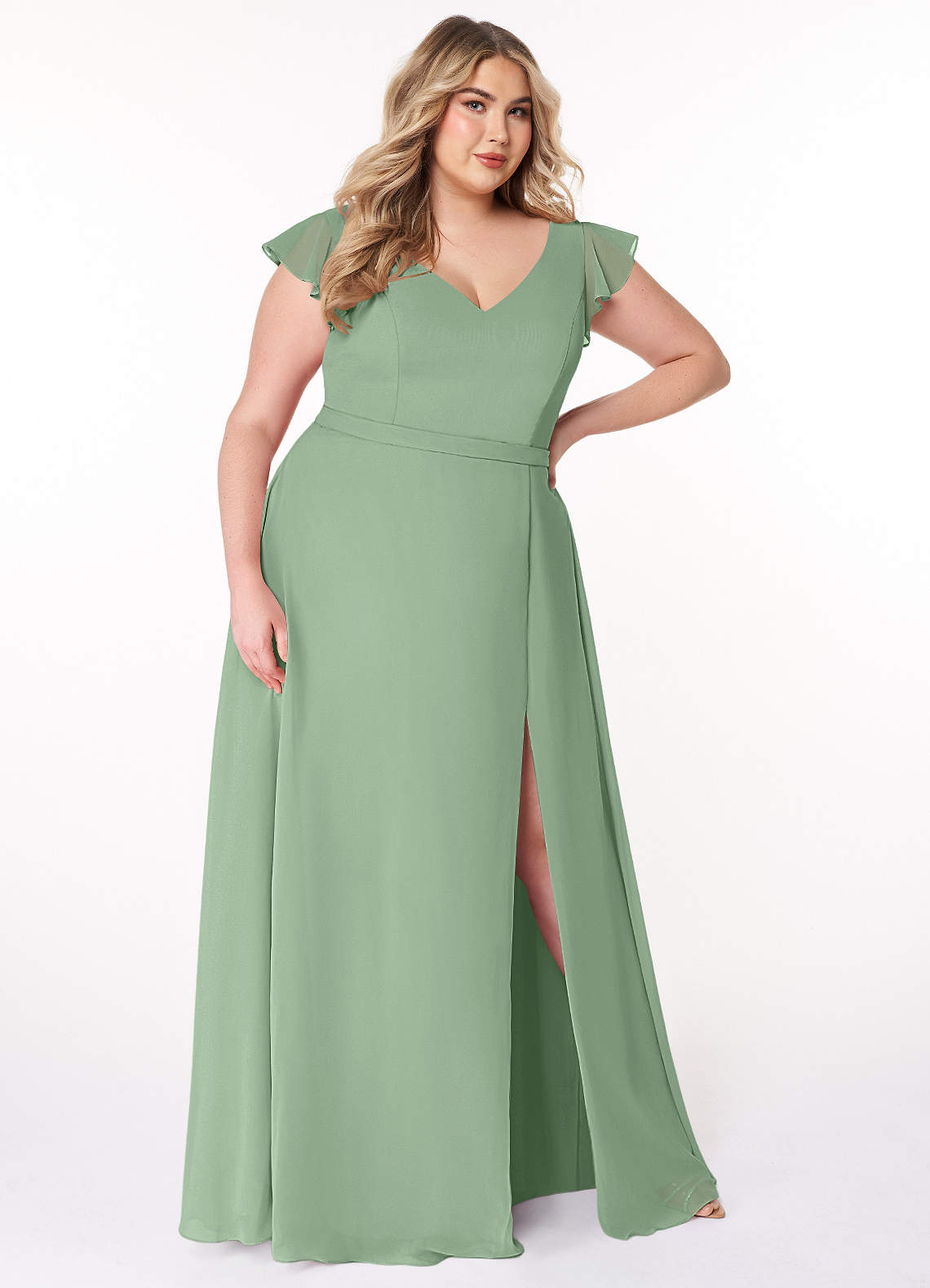 Azazie Claudine Vente Finale Robe Trapèze en Mousseline de soie Manche volante Matcha image9