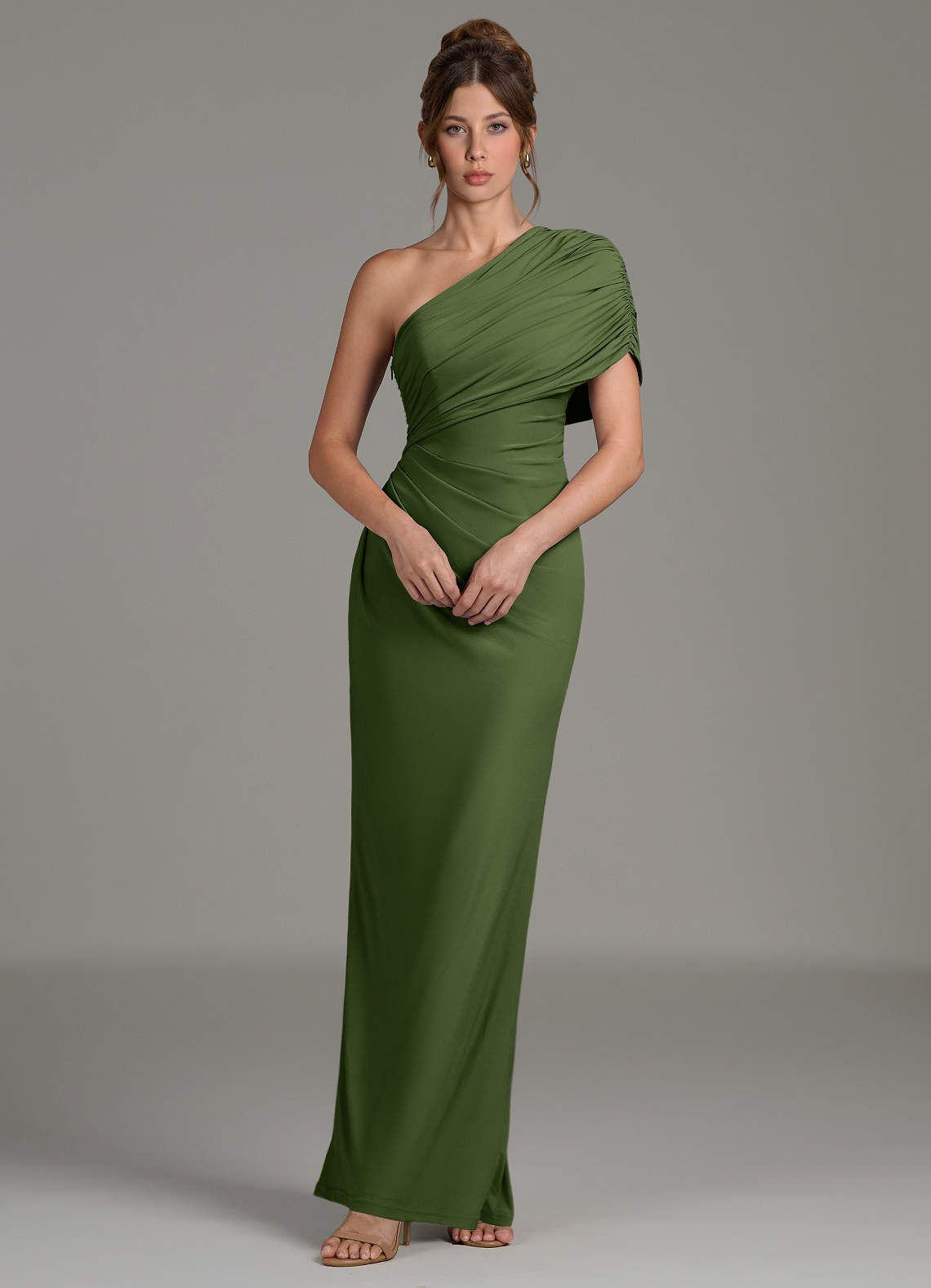 olive green jersey dress Azazie Essence plus size Bridesmaid