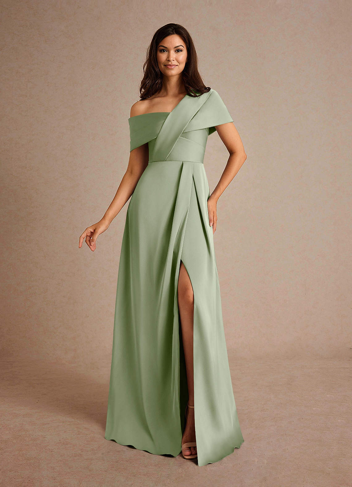 Azazie Milton Mother of the Bride Dresses Dusty Sage A-Line Pleated Stretch Satin Dress image1