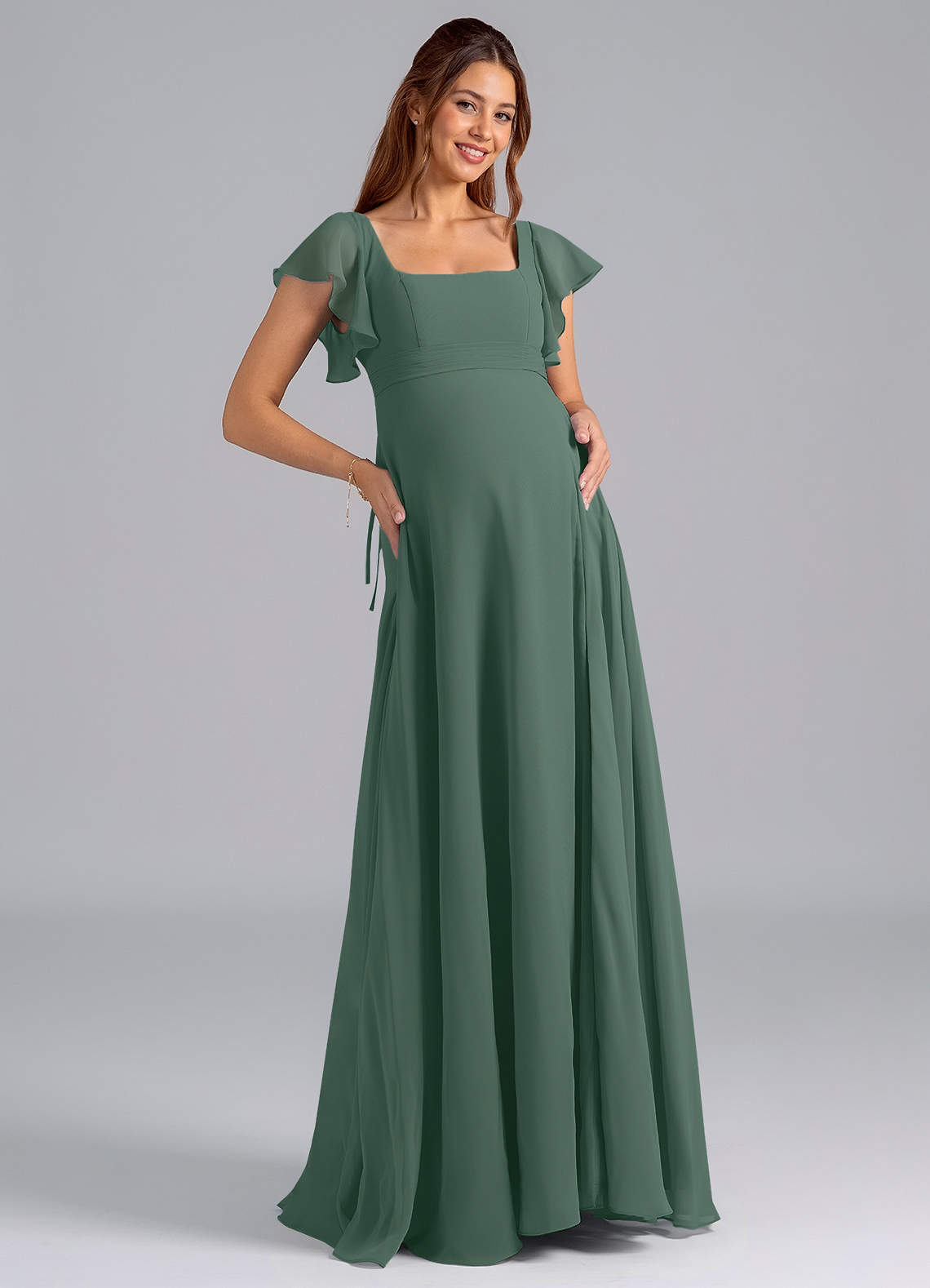 Azazie Bondi Maternity Bridesmaid Dresses A-Line Ruched Chiffon Floor-Length Dress image1