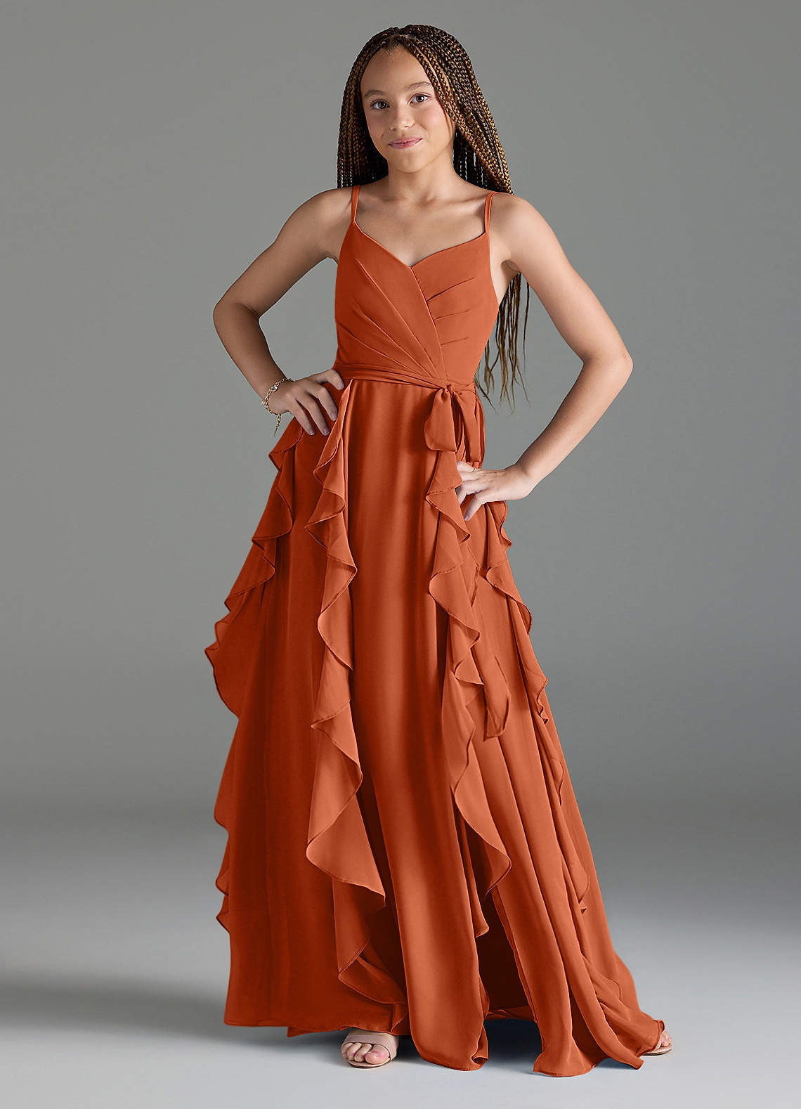 Azazie Peyton Junior Burnt Orange A-Line V-Neck Cascading Ruffles Chiffon Dress image1