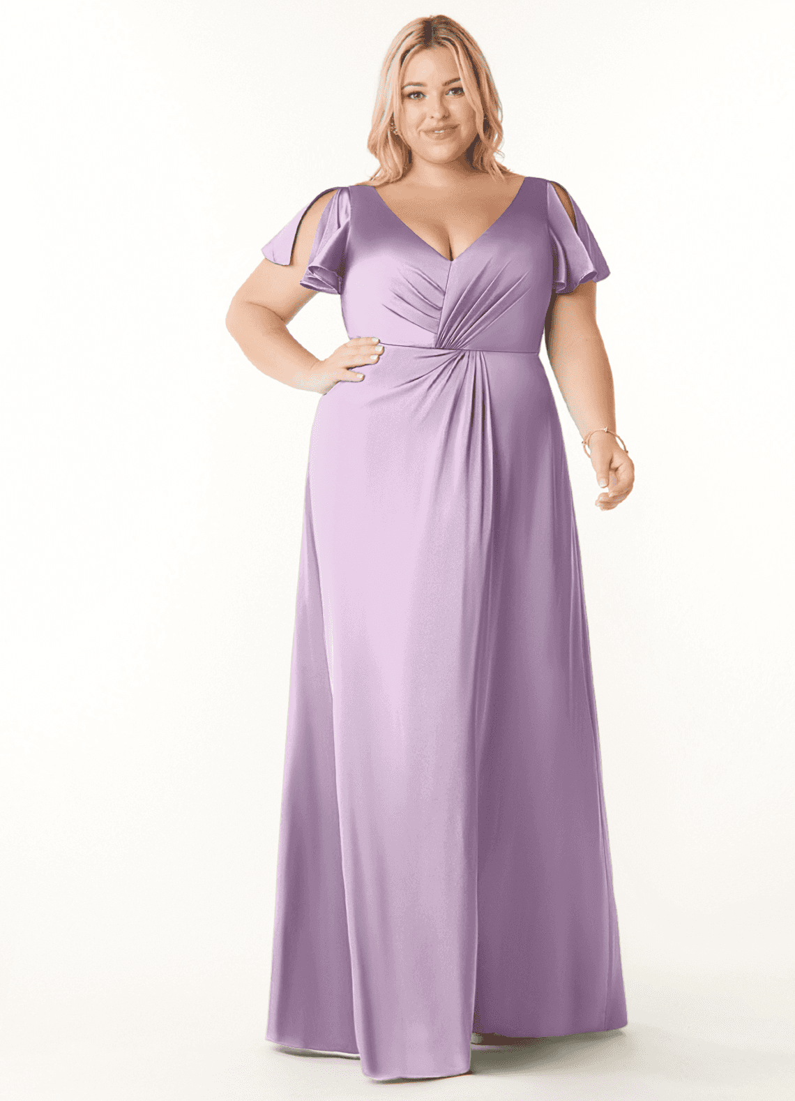 Azazie Soren Bridesmaid Dresses Frosted Lilac A-Line Pleated Stretch Satin Dress image1