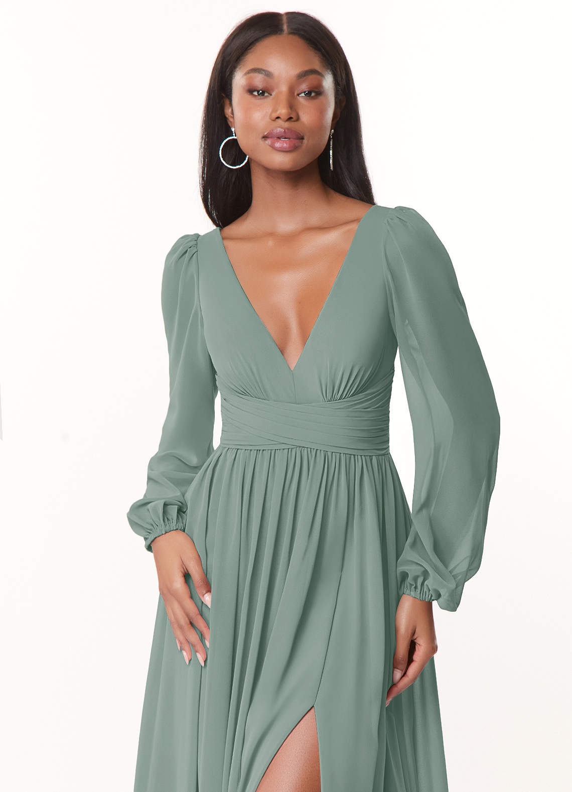 sage green long sleeve dresses Azazie Norah Silver Chiffon Bridesmaid toptrends