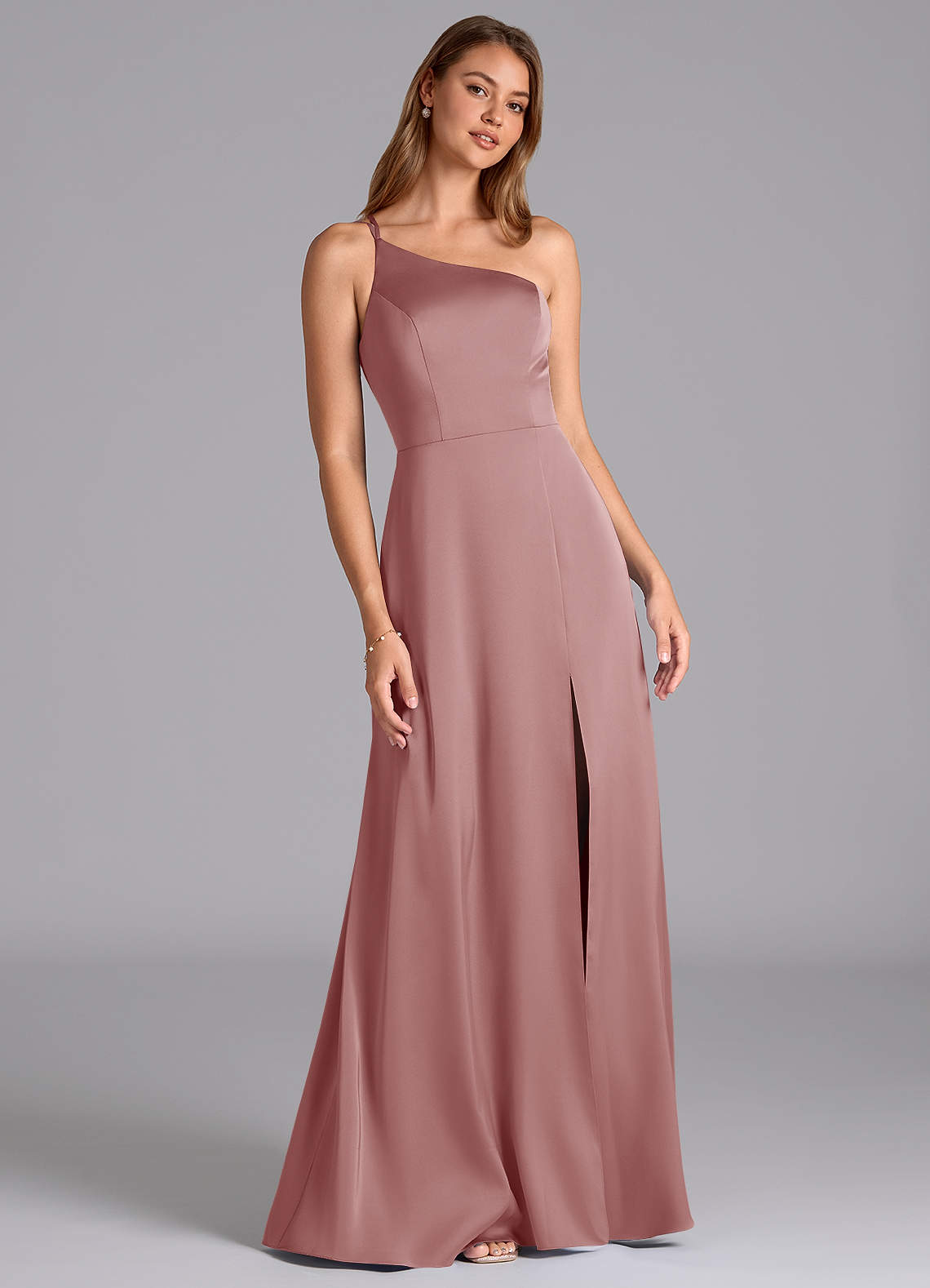 Azazie Trina Bridesmaid Dresses Dusty Rose A-Line One Shoulder Stretch Satin Dress image1