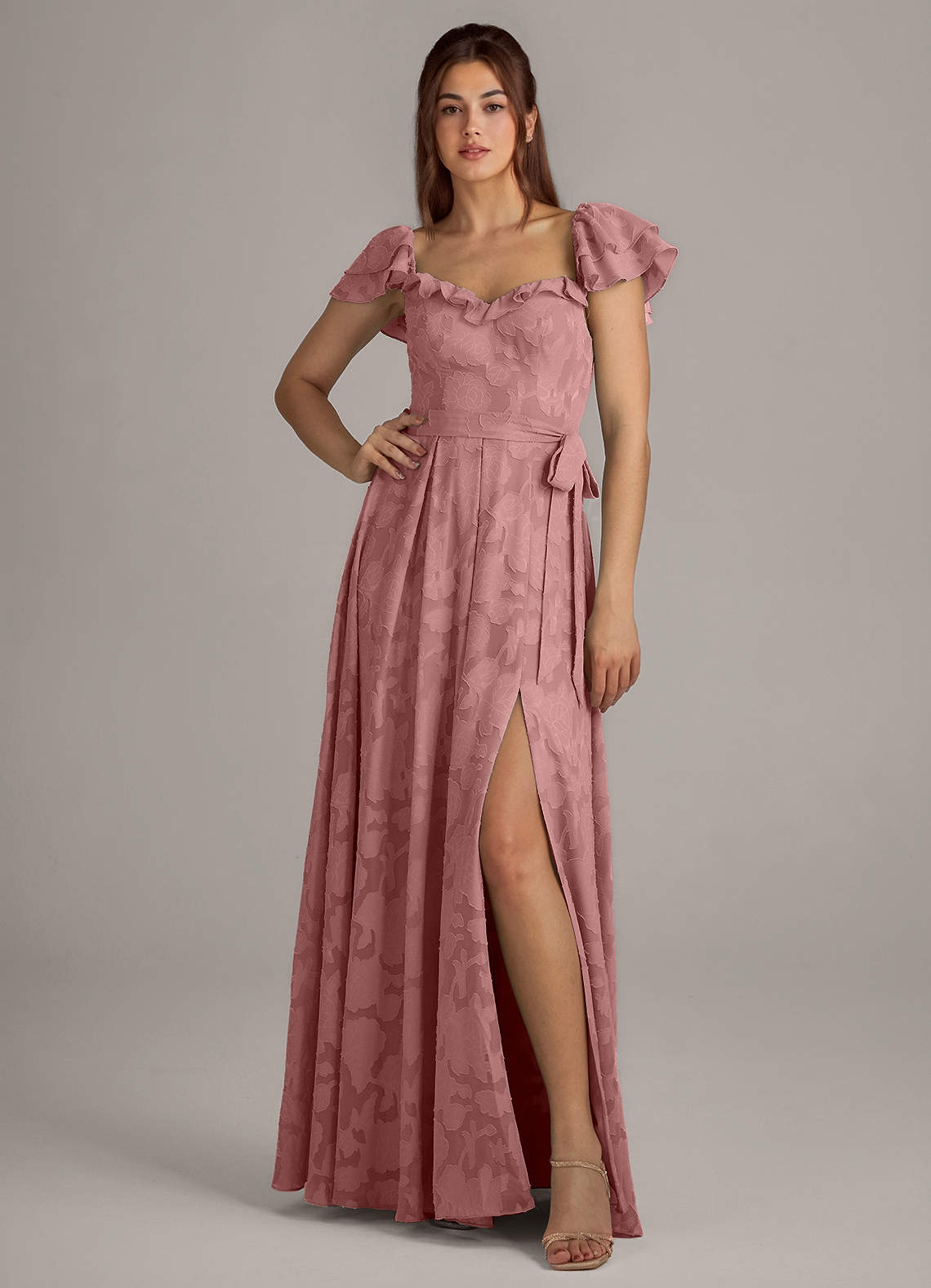 Azazie Aricella Bridesmaid Dresses Dusty Rose A-Line Corset Floral Burnout Dress image1