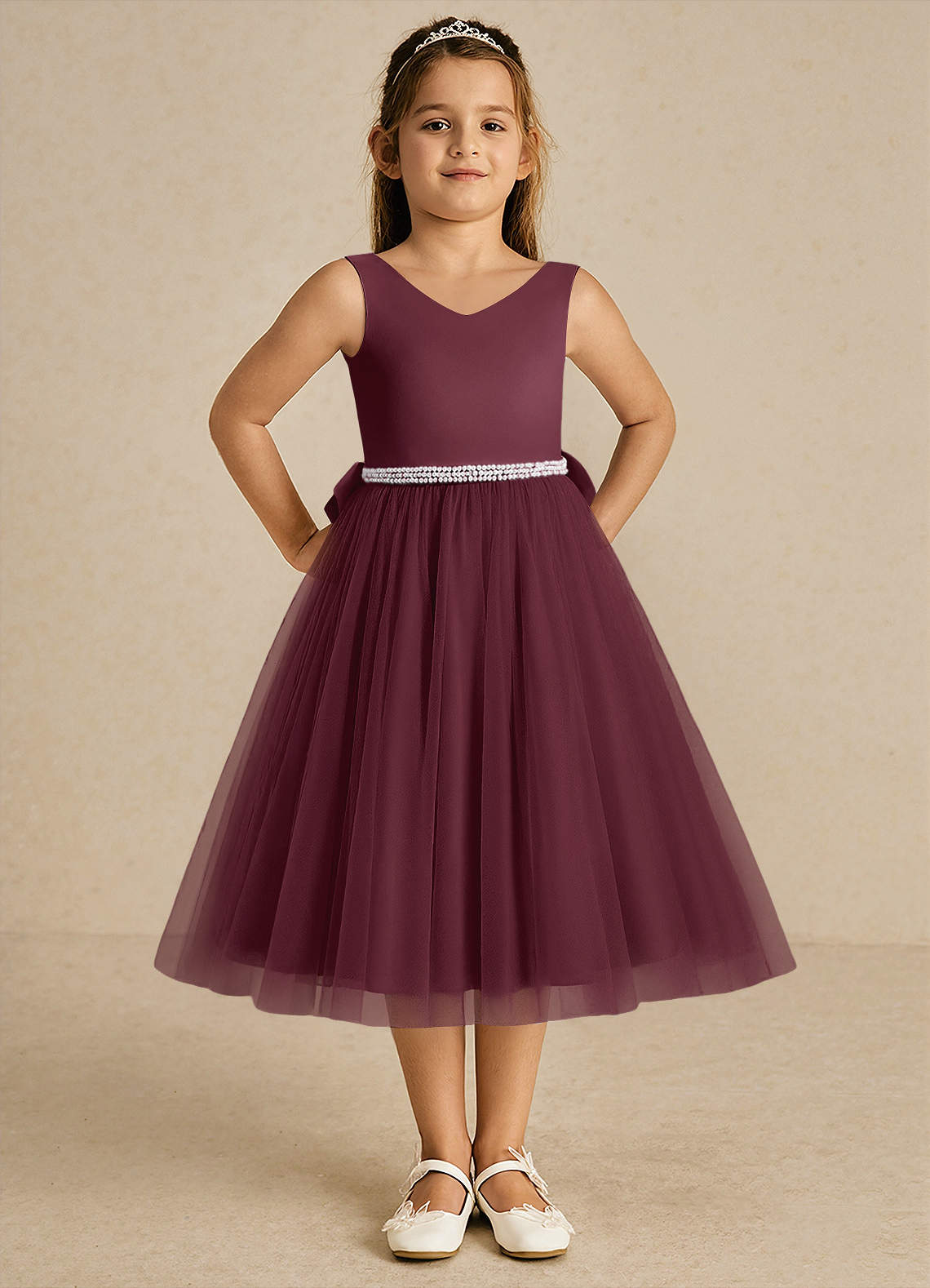 Azazie Firefly Flower Girl Dresses Cabernet A-Line Bow Matte Satin Dress image2