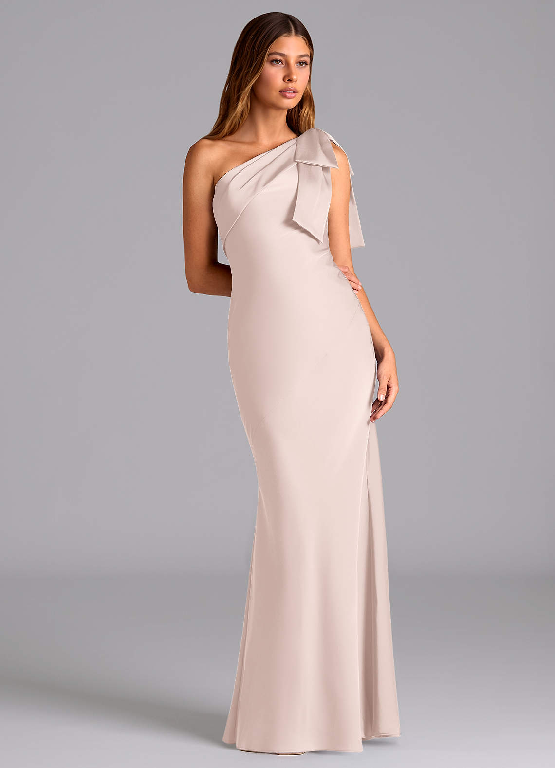 Azazie Yuanna Bridesmaid Dresses Blushing Pink Mermaid One Shoulder Stretch Satin Dress image4