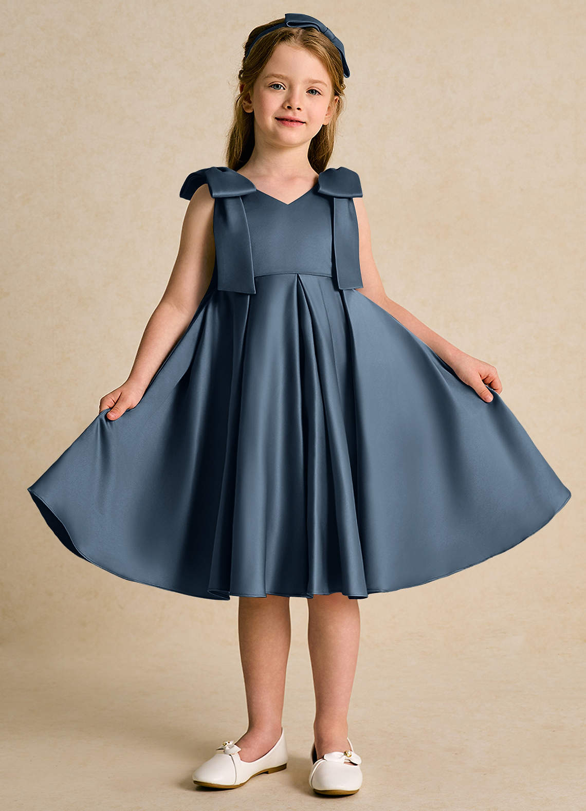 Azazie Guppie Flower Girl Dresses Neptune Ball-Gown Pleated Matte Satin Dress image1