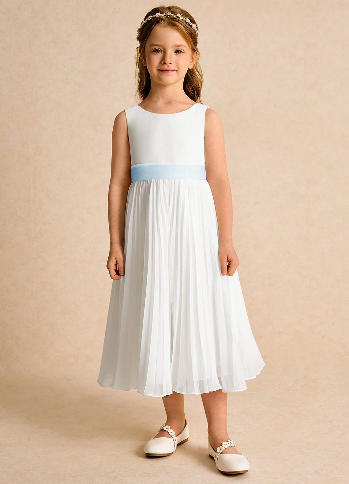 Azazie Margot Flower Girl Dresses Ivory Sky Blue A-Line Pleated Chiffon Dress image5