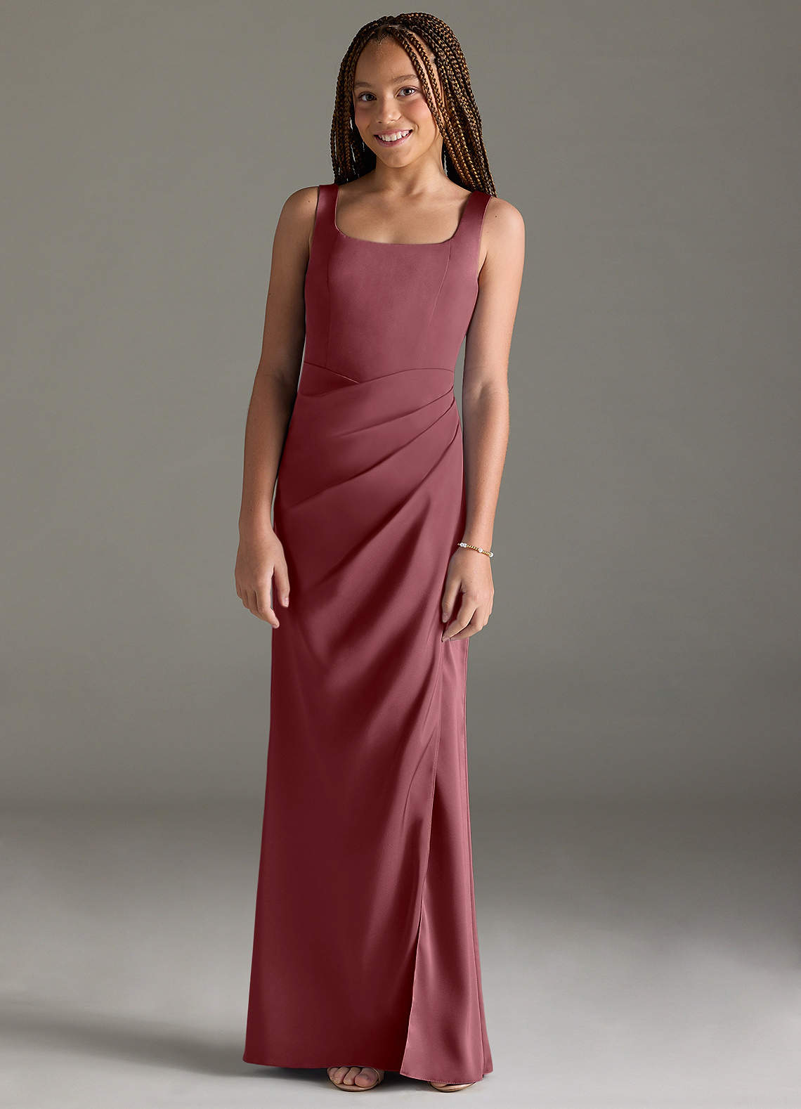 Azazie Mero Junior Meerjungfrau-Linie Plissee Stretch-Satin Kleid Wüstenrose image1