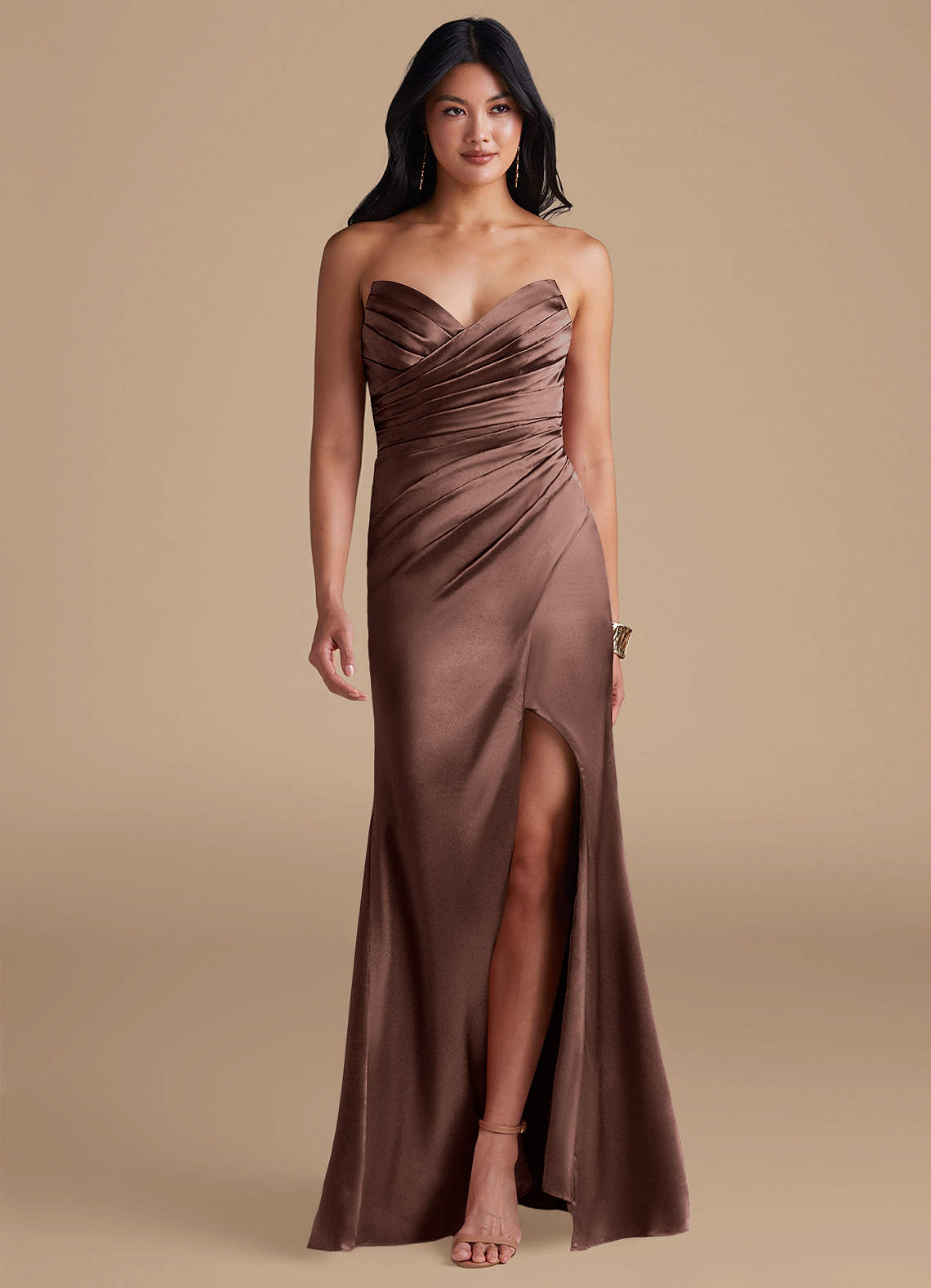Azazie Yola Bridesmaid Dresses Espresso Sheath Pleated Metallic Satin Dress image1