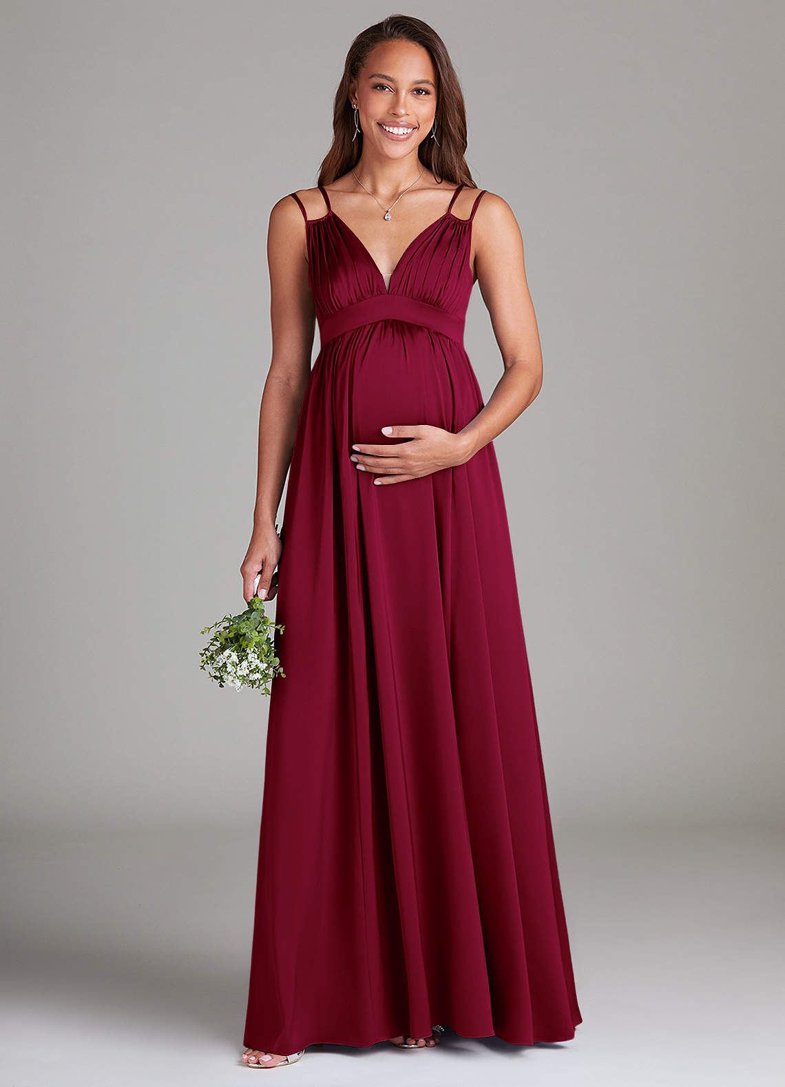 Azazie Emree Brautjungfernkleider für Schwangere A-Linie mit Taschen Stretch-Satin Bodenlänge Kleid image1