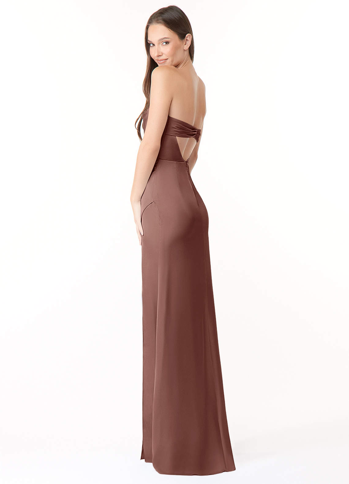 Azazie Leonis Vestidos de madrinha de casamento Vestir Café Expresso de Cetim elástico de sereia com Plissado image5