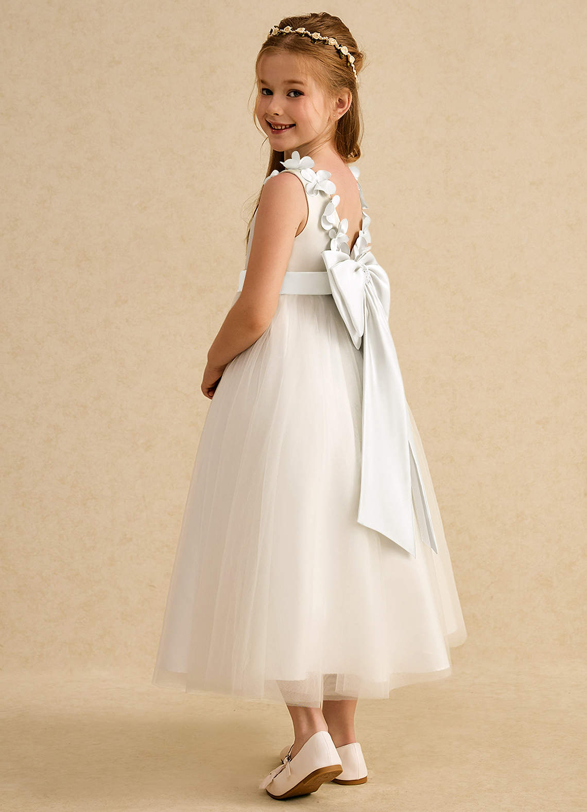 Azazie Lilli Robe Demoiselle D'honneur Fillette Robe Trapèze en Tulle Arc Ivoire image3