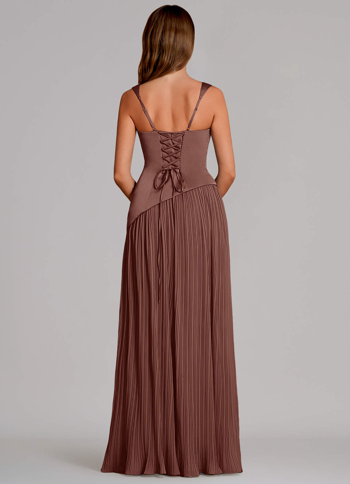 Azazie Stephanie Vestidos de madrinha de casamento Vestido Café Expresso de Cetim elástico de Linha A com Plissado image4