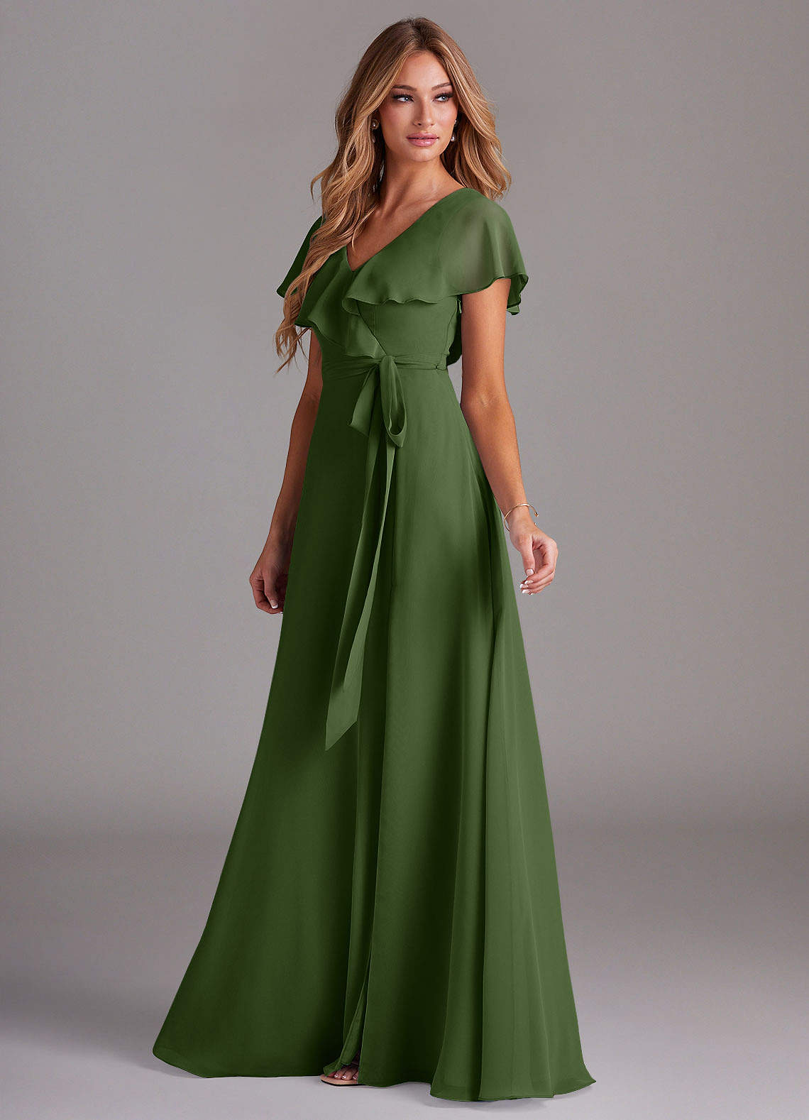Azazie Lainey Bridesmaid Dresses Olive A-Line with Pockets Chiffon Dress image4