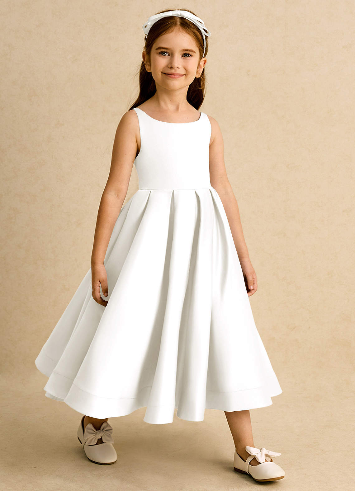 Azazie Babs Flower Girl Dresses Ivory Ball-Gown Pleated Matte Satin Dress image3