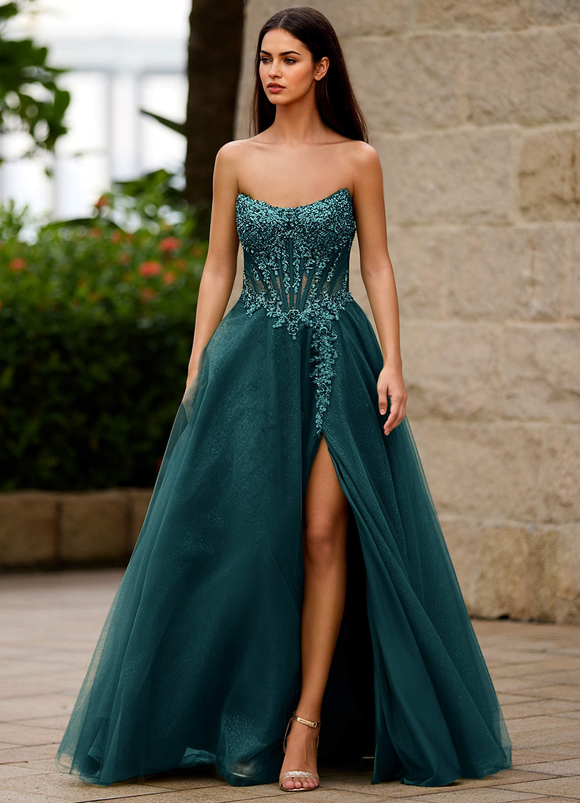 Brilliance Dark Green Glitter Prom Dress image1