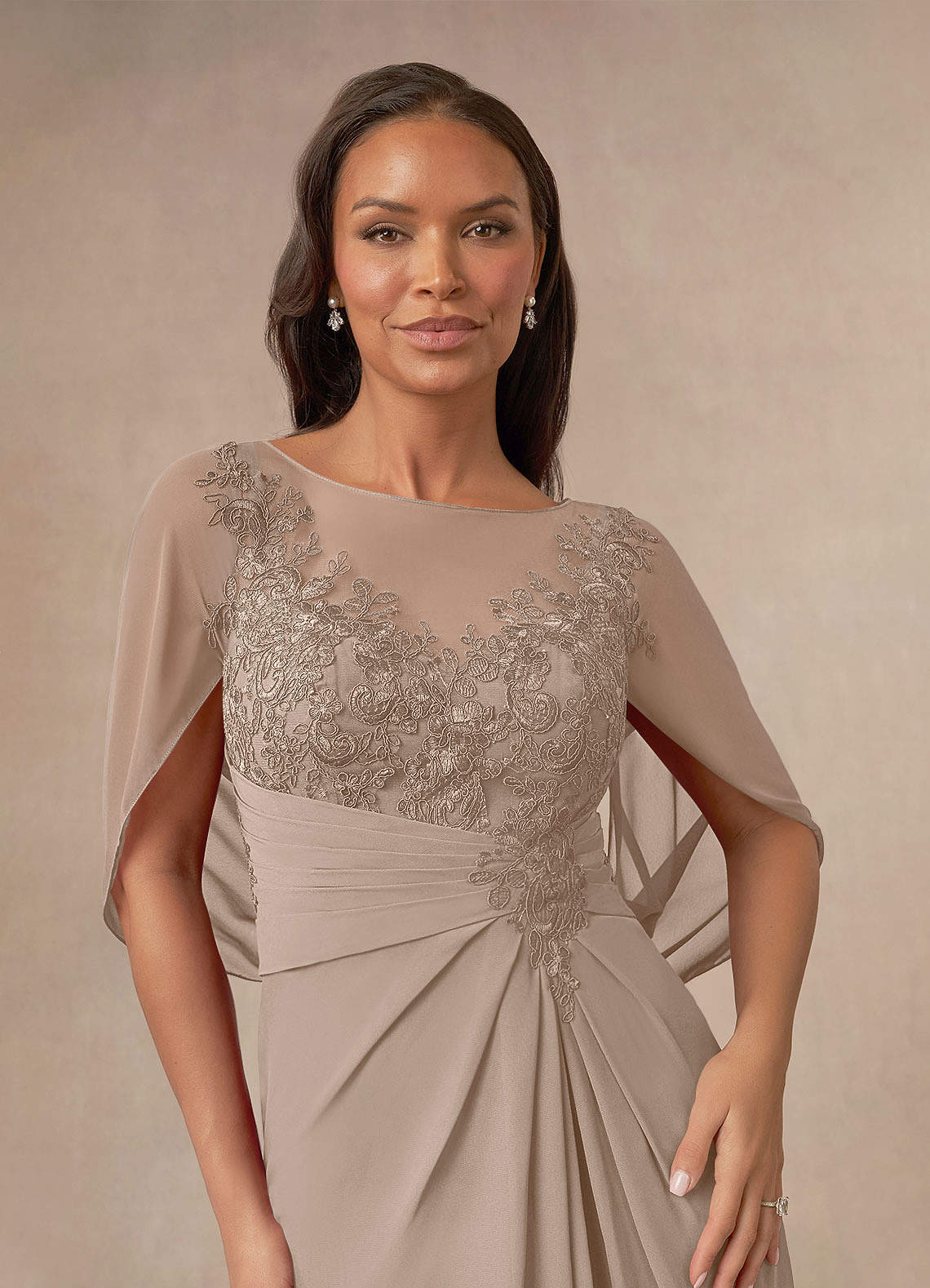 Azazie Hera Taupe A-Line Lace Capelet Chiffon Dress | Azazie