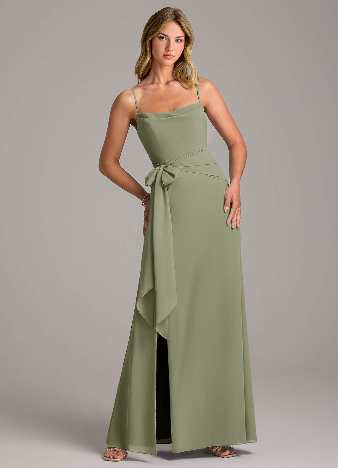 Azazie Tahlia Bridesmaid Dresses Pistachio A-Line with Belt Chiffon Dress image1