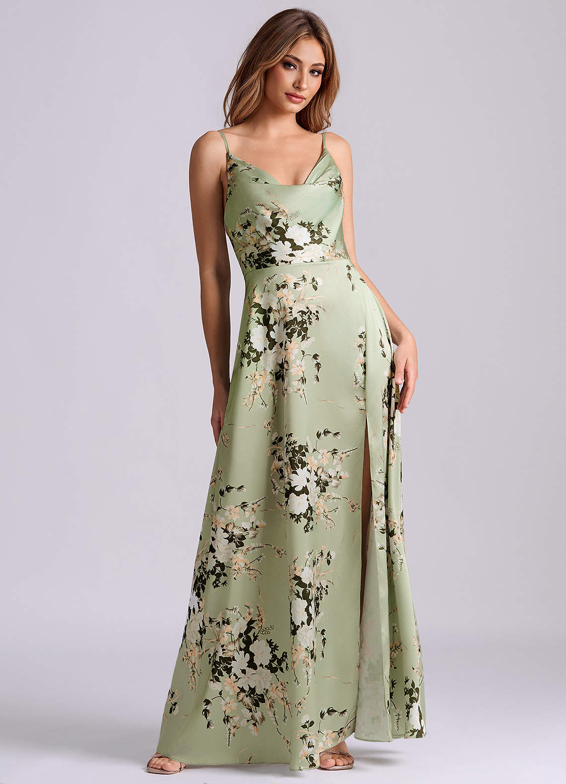 Azazie Sarella Robes de demoiselle d'honneur Robe Trapèze en Satin extensible Plissée Vignes Florales image4