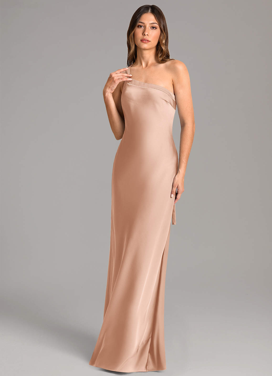 Azazie Monroe Bridesmaid Dresses Rose Gold Mermaid One Shoulder Stretch Satin Dress image1