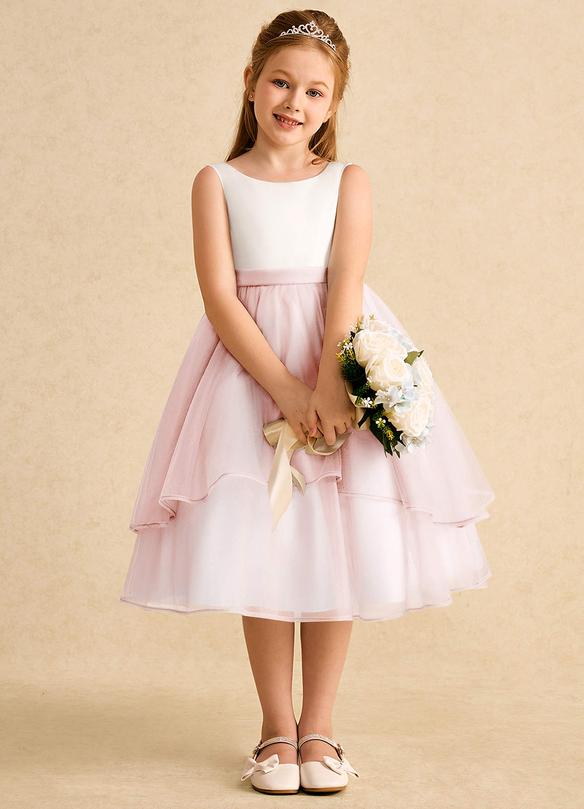 Azazie Rene vestidos de niña de las flores Vestido de Marfil Rosa Ruborizado de Tul de Corte En A con Lazo image5