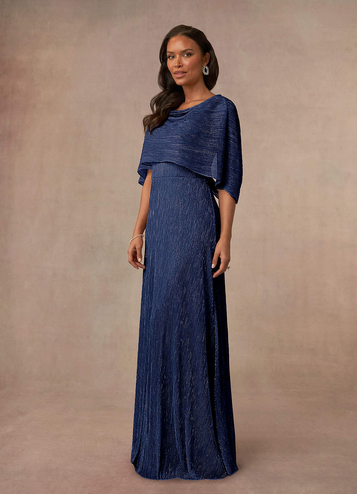 Azazie Loretta Dark Navy A-Line Cowl Cape Metallic Mesh Dress | Azazie