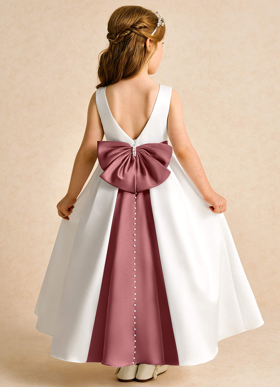 Azazie Cherry Abiti da Ragazza di Fiori Abito Principessa in Raso Opaco Plissettato Avorio Ametista image1