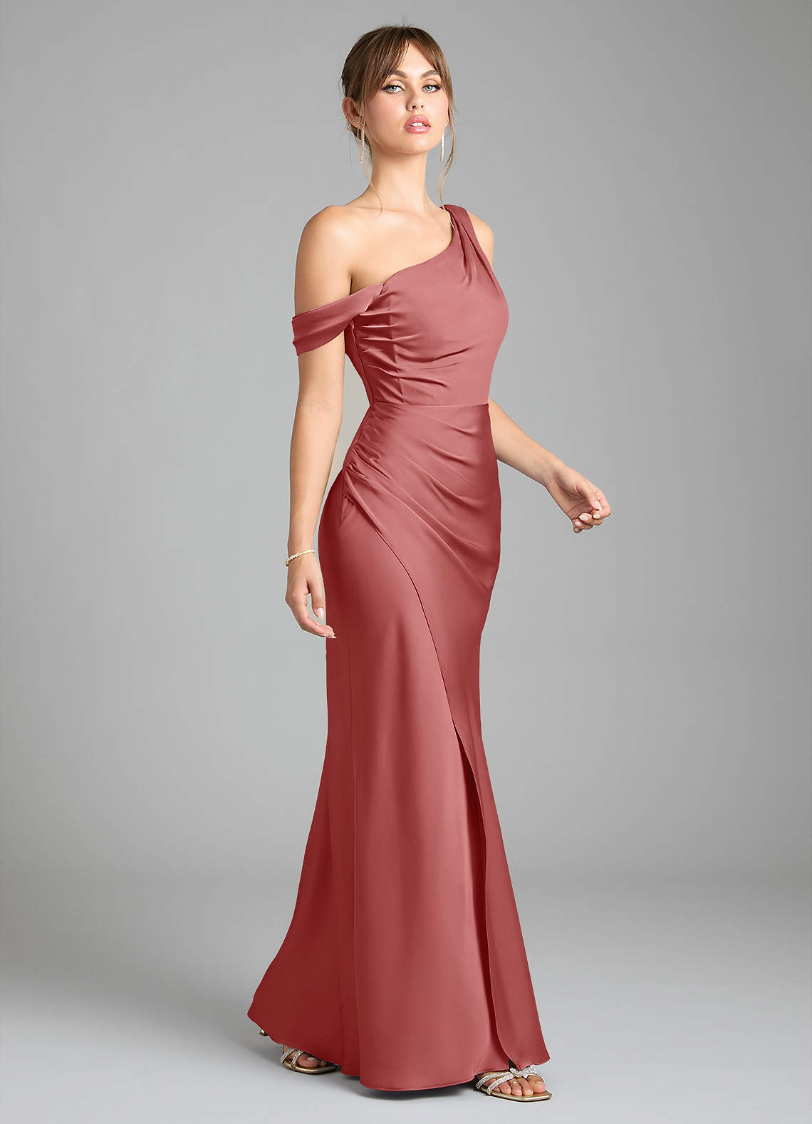 Azazie Madelyn At-home Try On Dresses Agave Mermaid One Shoulder Stretch Satin Convertible Dress image4