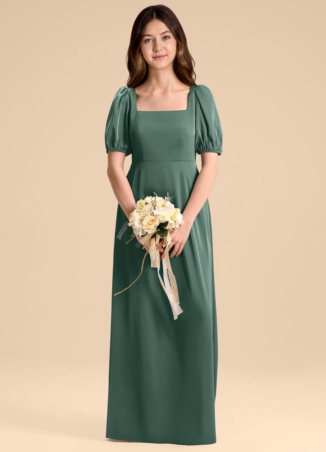 Azazie Briar Junior Eucalyptus A-Line Bow Stretch Satin Dress image1
