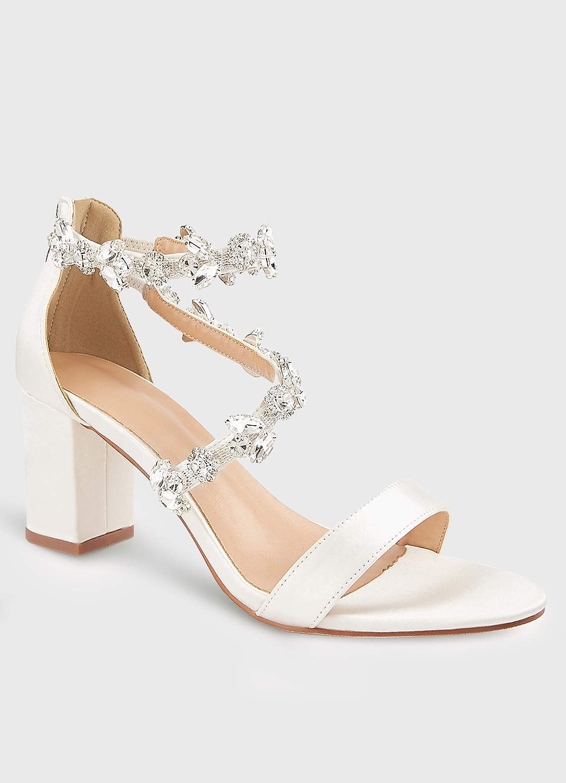 front Strappy Crystal Satin Block Heel Sandals