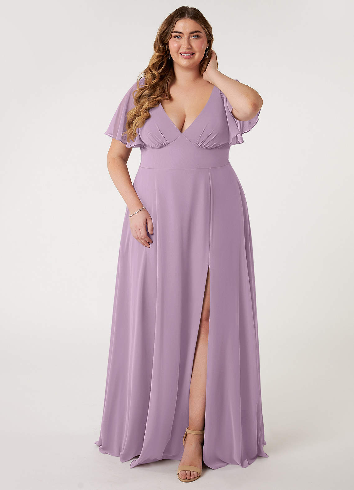 Azazie Kimber Bridesmaid Dresses Wisteria A-Line Flounce Sleeve Chiffon Dress image1