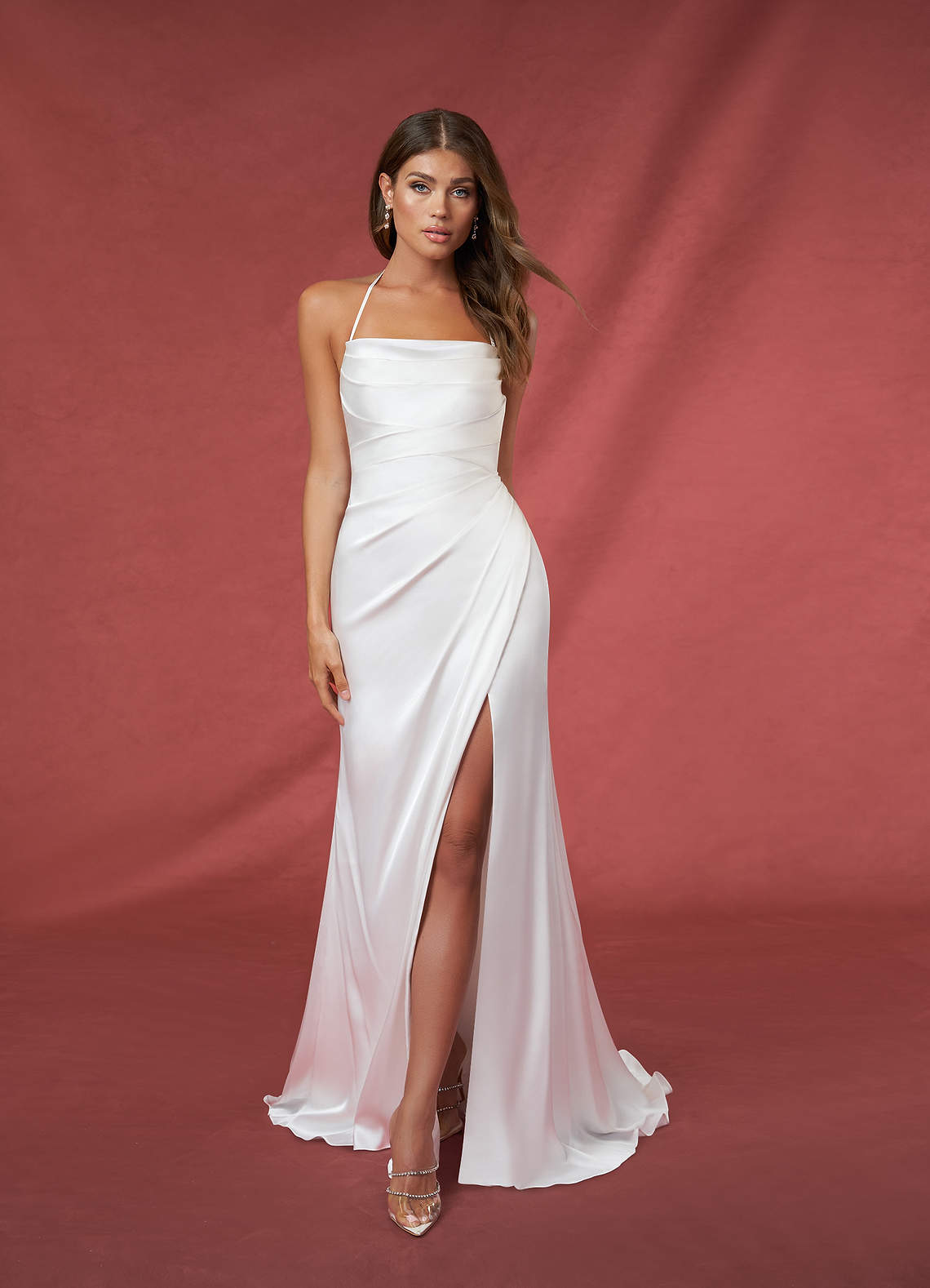 Azazie Kierra Wedding Dresses Diamond White Mermaid Pleated Stretch Satin Dress image1
