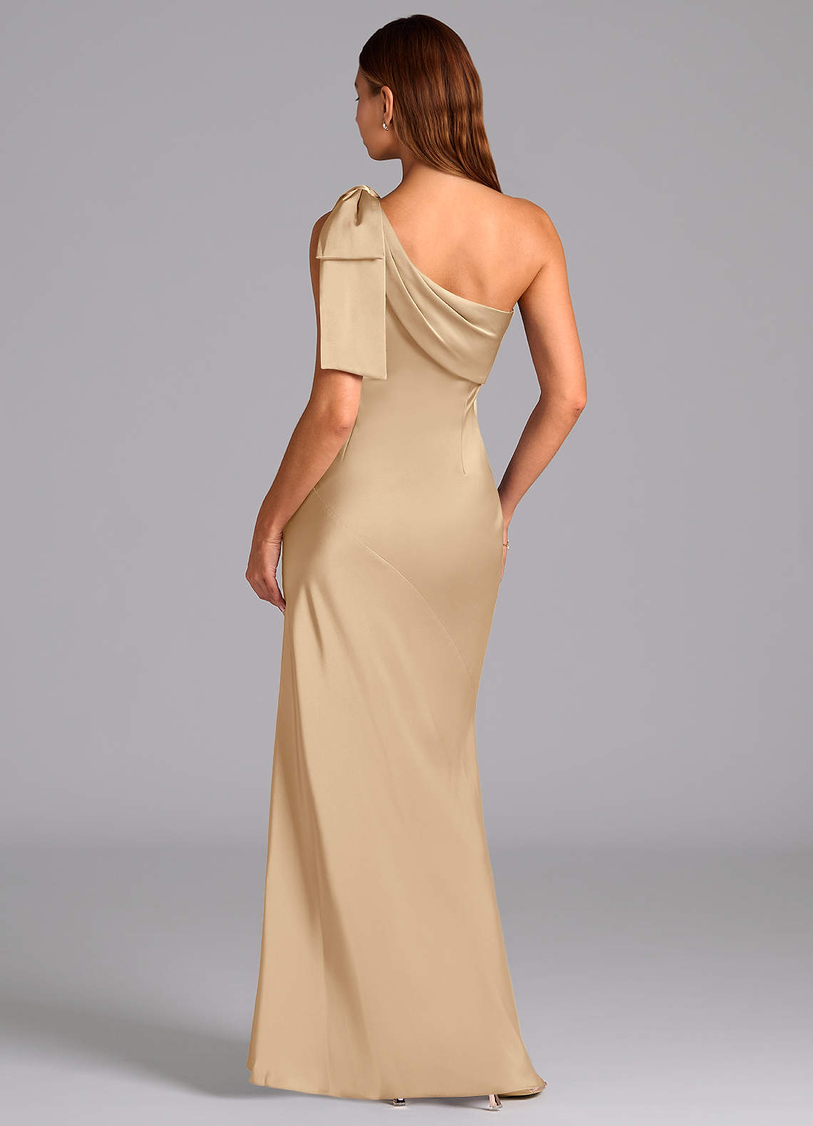 Azazie Yuanna Bridesmaid Dresses Champagne Mermaid One Shoulder Stretch Satin Dress image1