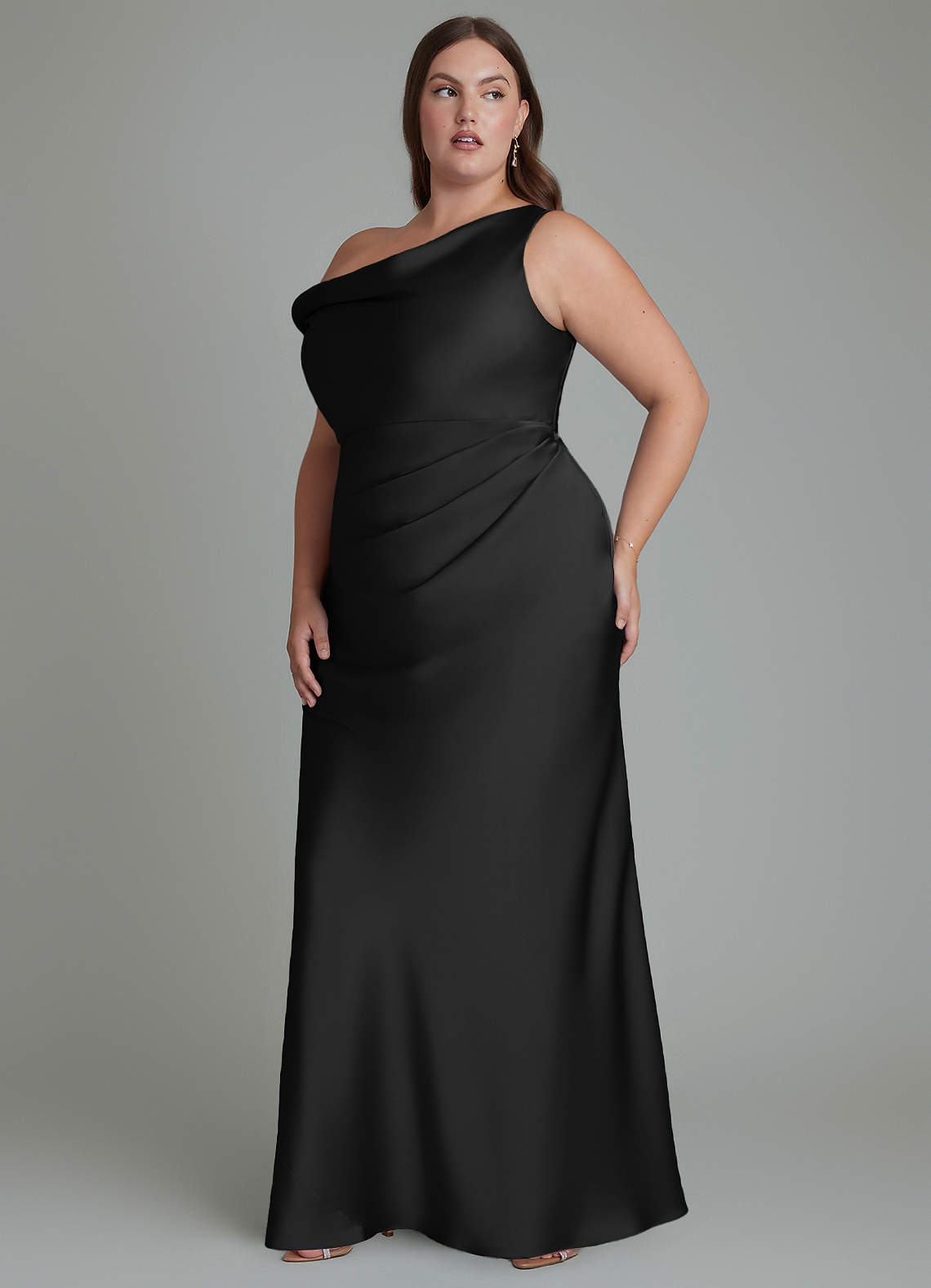 Azazie Emerson Bridesmaid Dresses Black Mermaid Off the Shoulder Stretch Satin Dress image10