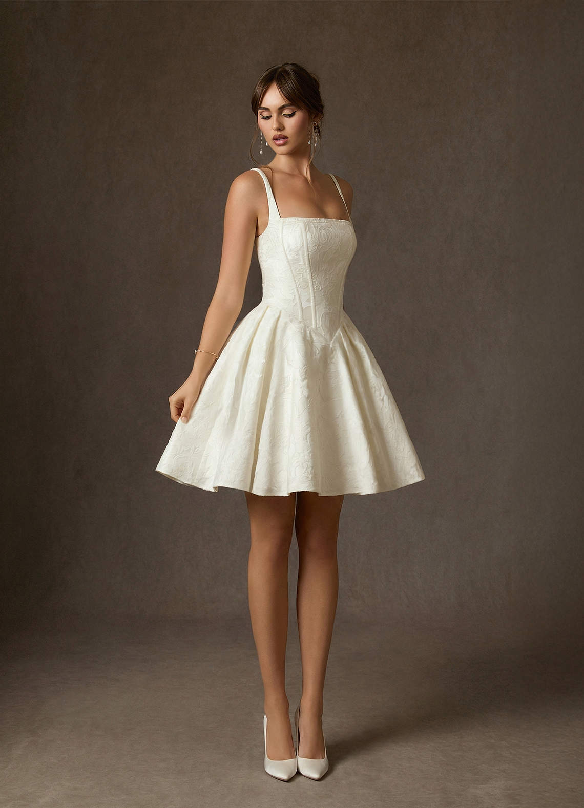 Azazie Daisley Wedding Dresses Antique White A-Line with Pockets Floral Jacquard Dress image2