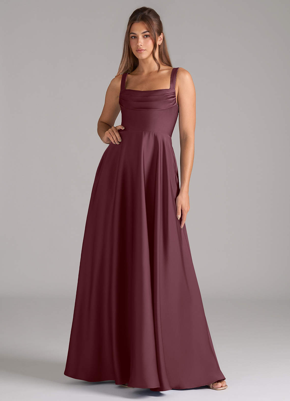 Azazie Shaude Bridesmaid Dresses Sangria A-Line Pleated Stretch Satin Dress image1