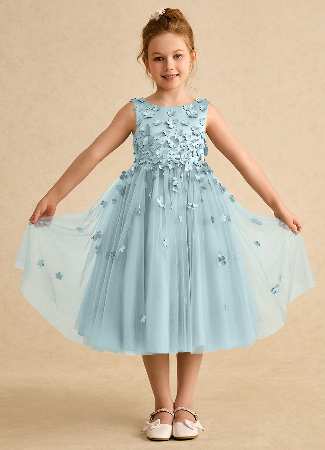 Azazie Lana vestidos de niña de las flores Vestido de Neblina de Satin Mate de Corte En A con Sin mangas image1