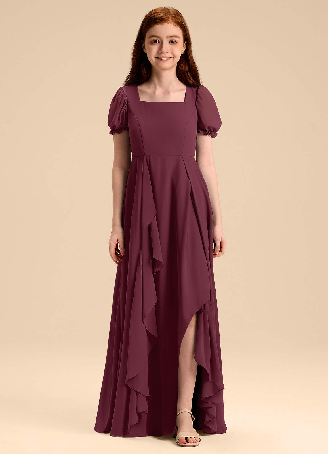 Azazie Priya Junior Vestido de Cabernet de Gasa de Corte en A con Blusón image1