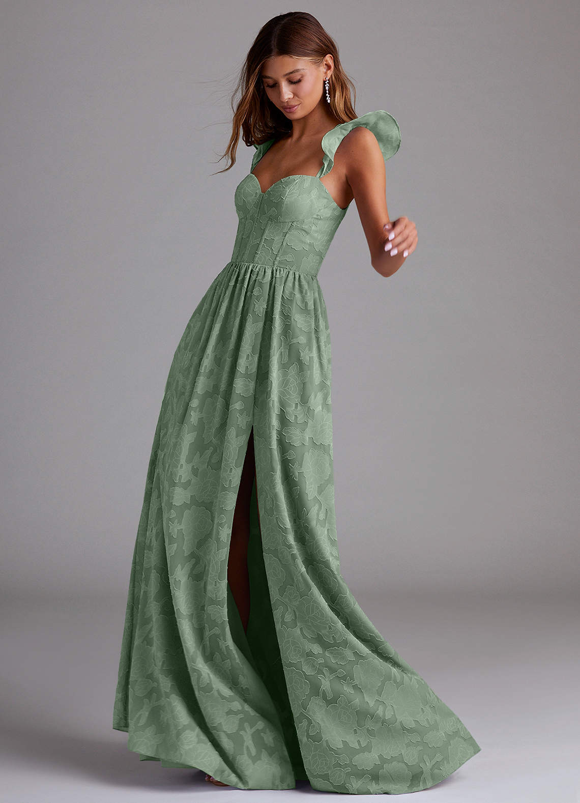 Azazie Denisse Bridesmaid Dresses Matcha A-Line Ruched Floral Burnout Dress image1